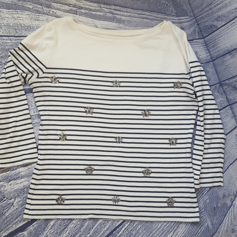Talbot's 3/4 Sleeve Striped Embellished Top, Med